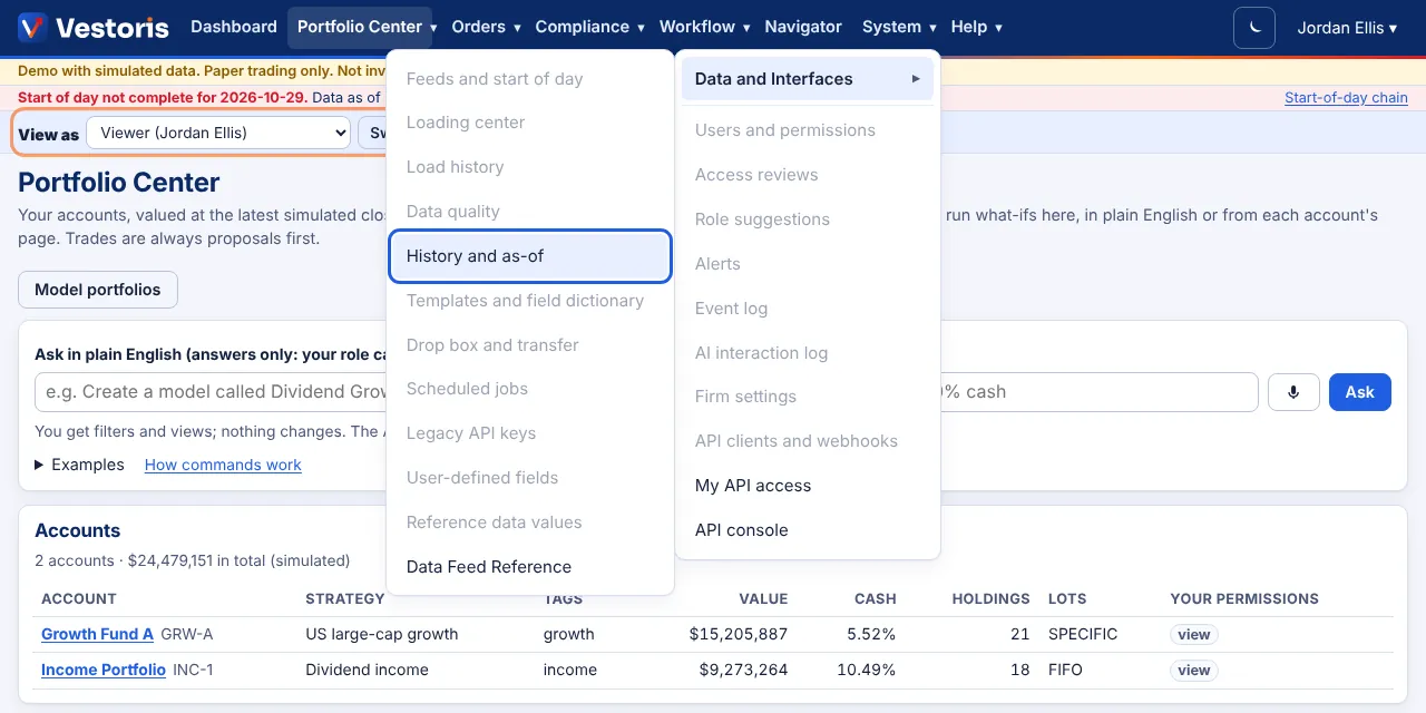 A Viewer's System › Data and Interfaces menu with greyed items