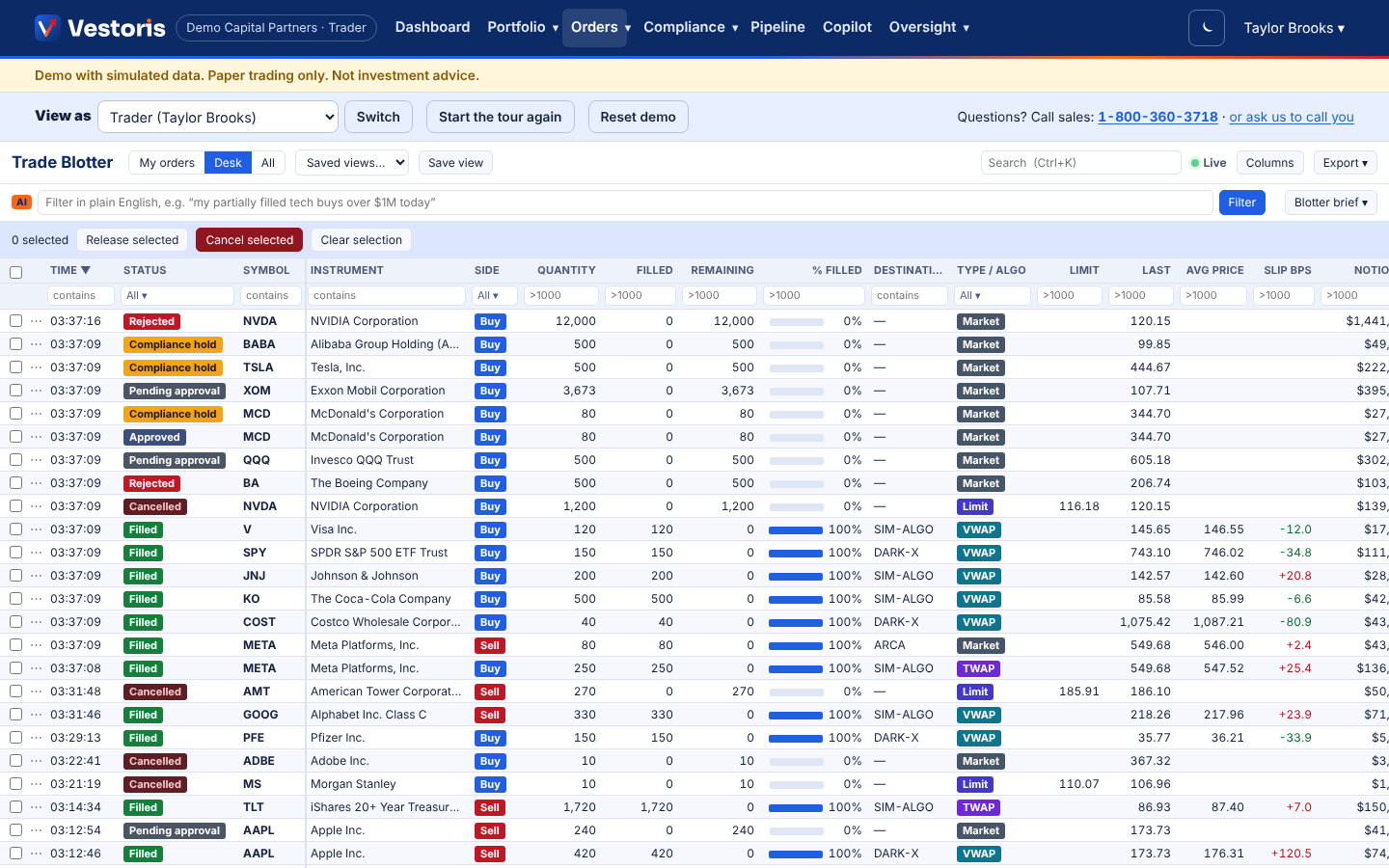The Vestoris trade blotter: a dense live grid of orders with status chips, fill progress and slippage