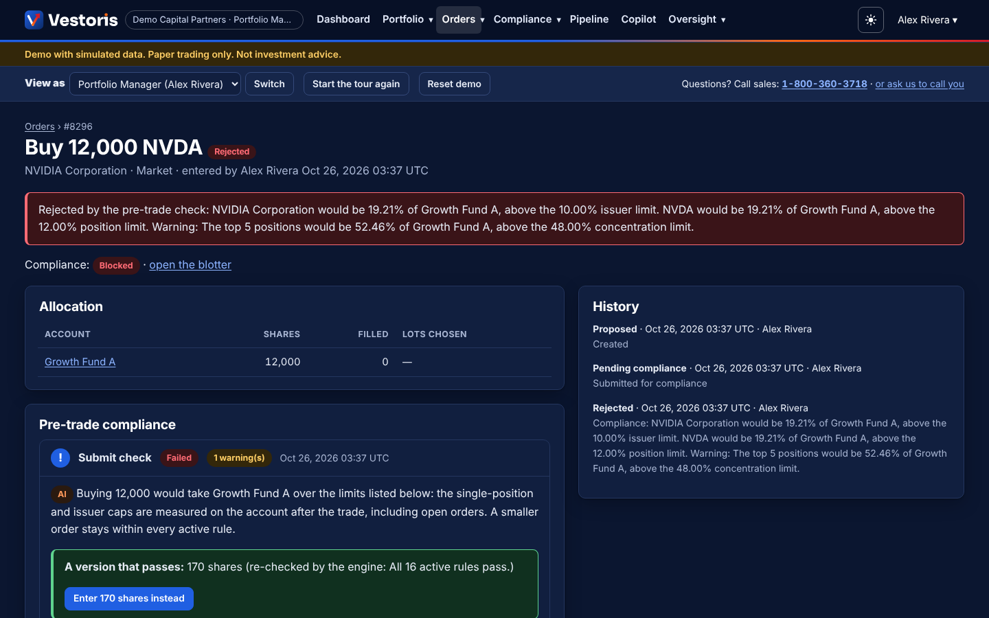 A rejected order with the AI explanation and a re-checked passing alternative