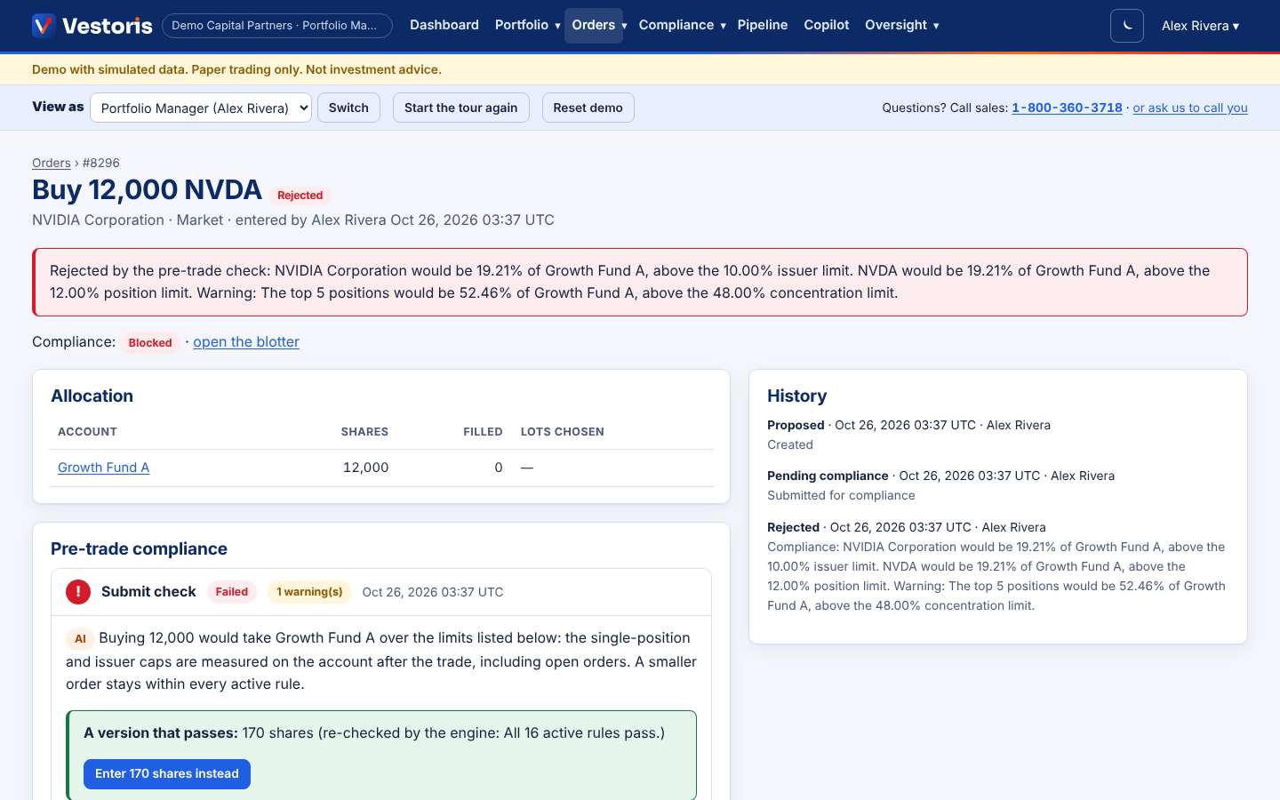 A rejected order with the AI explanation and a re-checked passing alternative